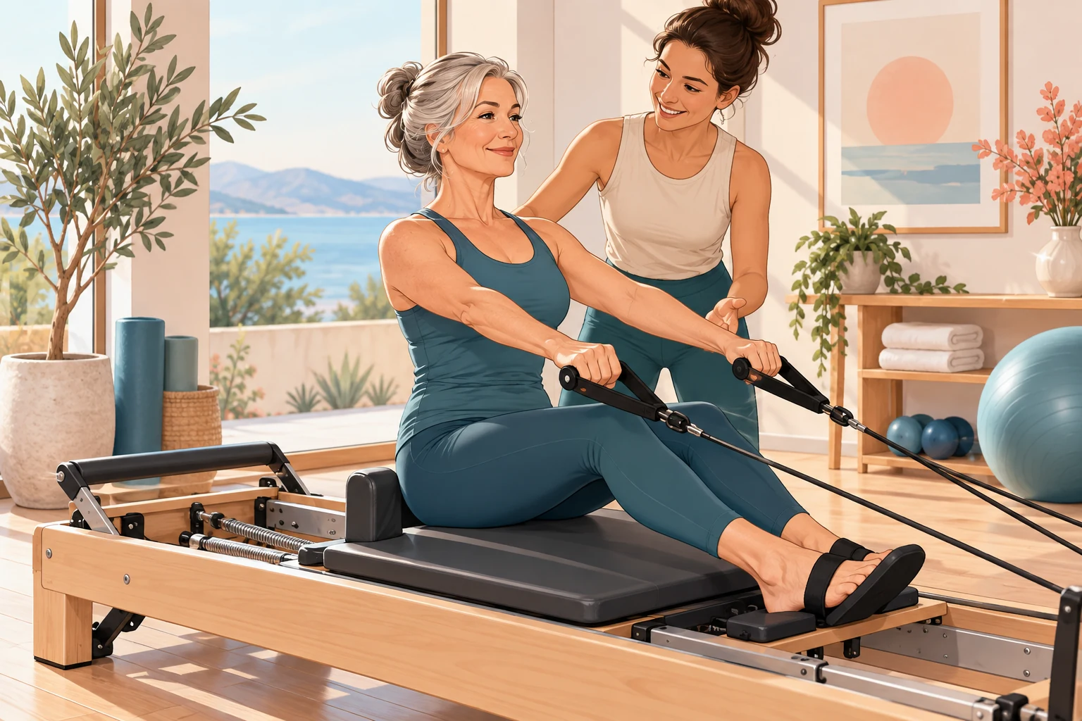 Mujer practicando Pilates Reformer durante la menopausia con supervisión de una instructora