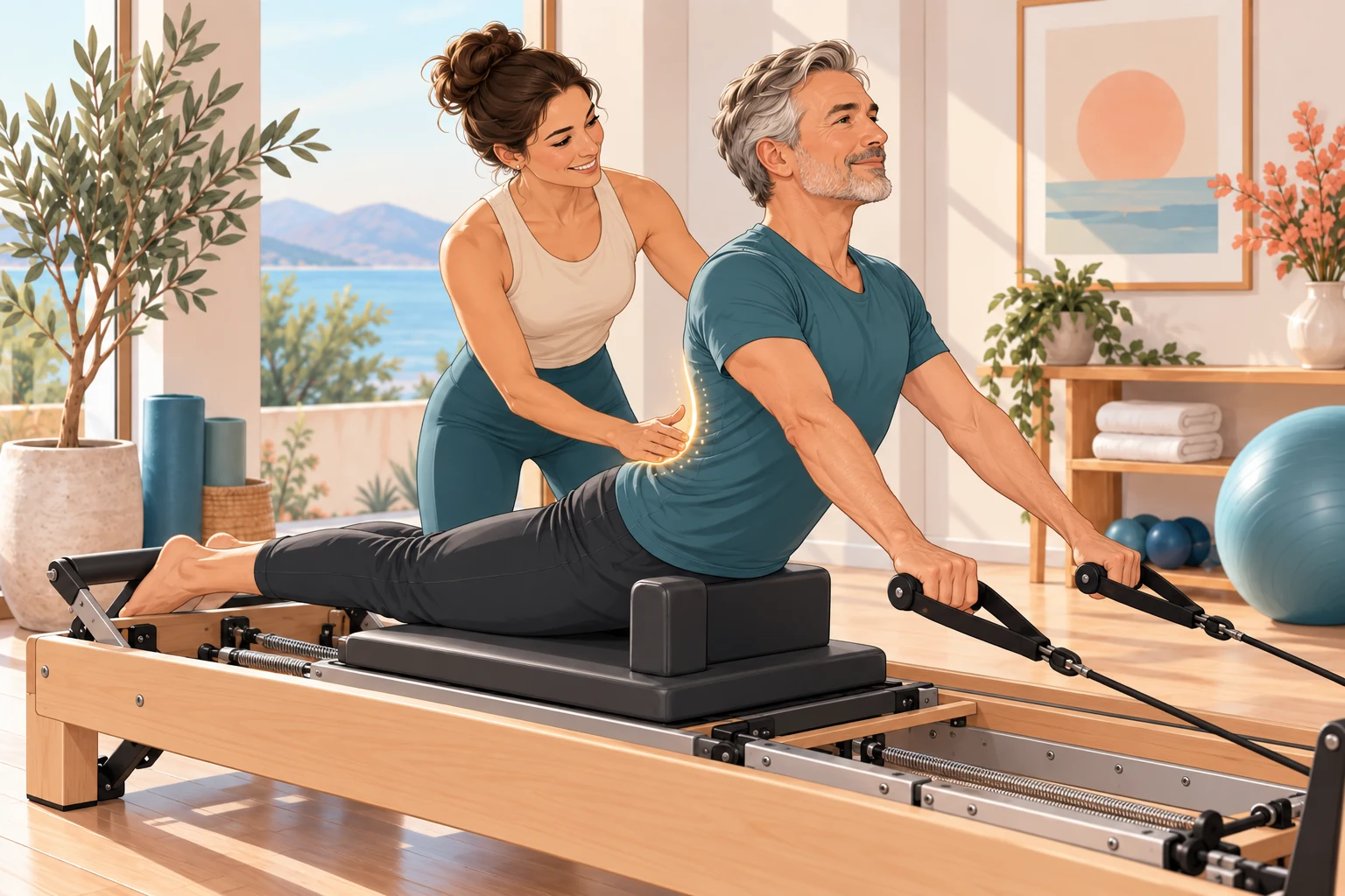 Práctica guiada de Pilates Reformer con atención al control y la movilidad de la espalda