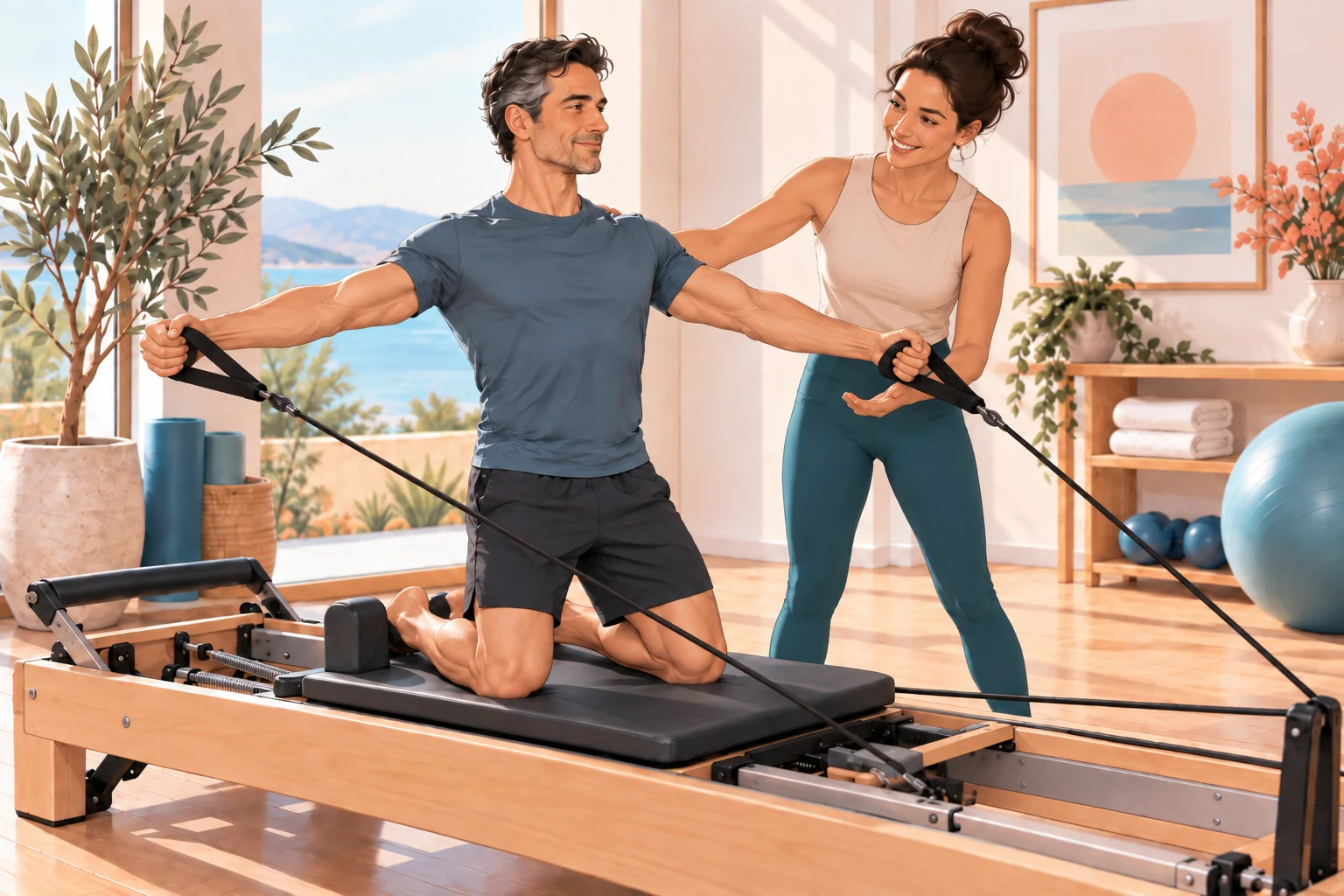Hombre realizando un ejercicio controlado de Pilates Reformer con supervisión de una instructora