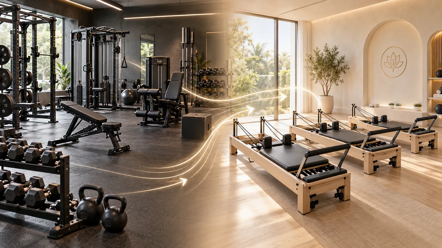 Un gimnasio de musculación se transforma en una sala con tres reformers: numerosas posibilidades de fuerza en una máquina