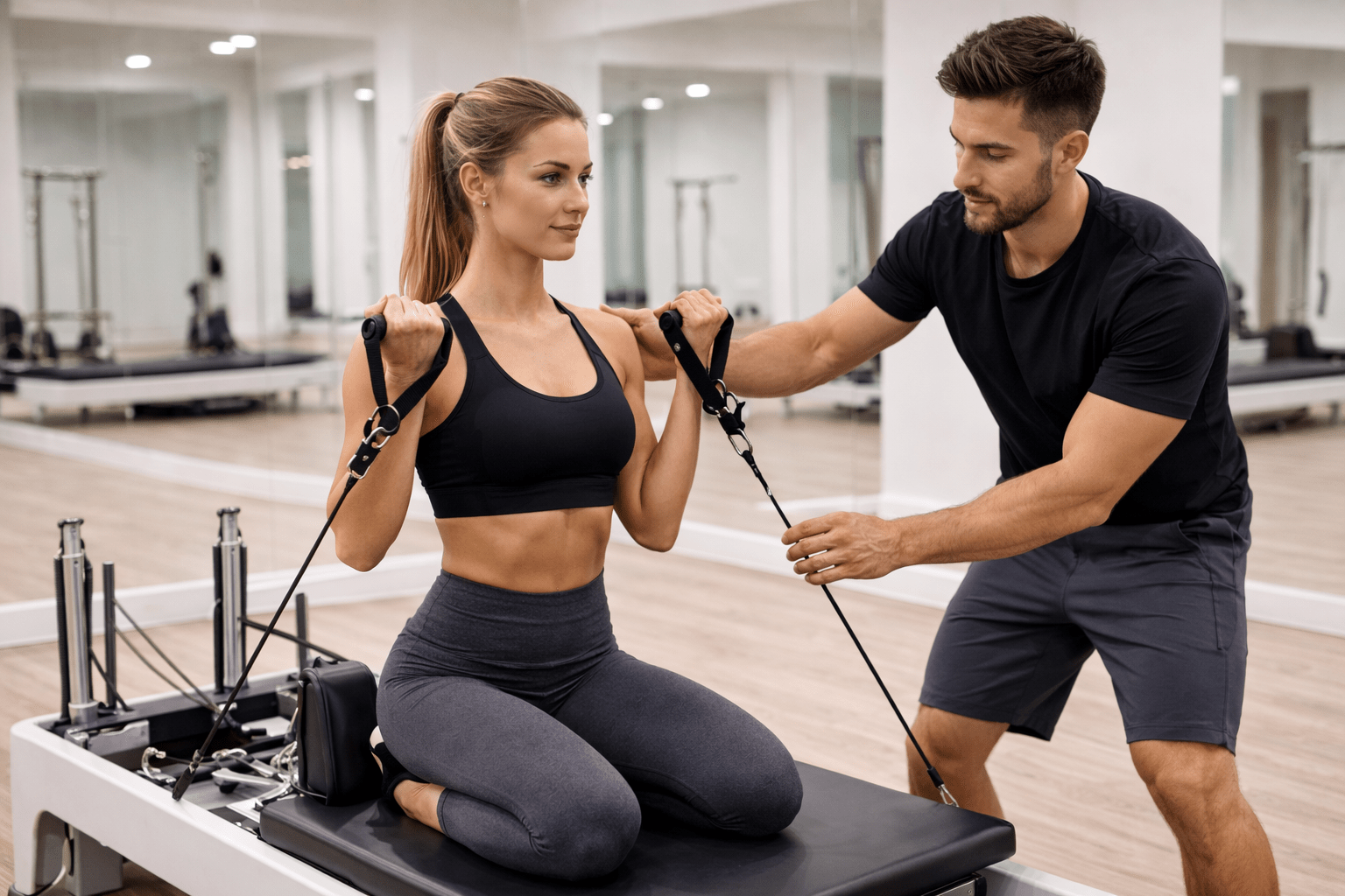 Entrenamiento funcional de bíceps en reformer con supervisión de entrenador en Harmony Pilates