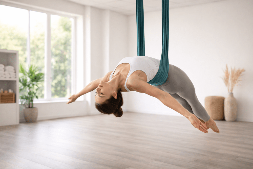 Mujer realizando una apertura de pecho en pilates aéreo con hamaca en un estudio