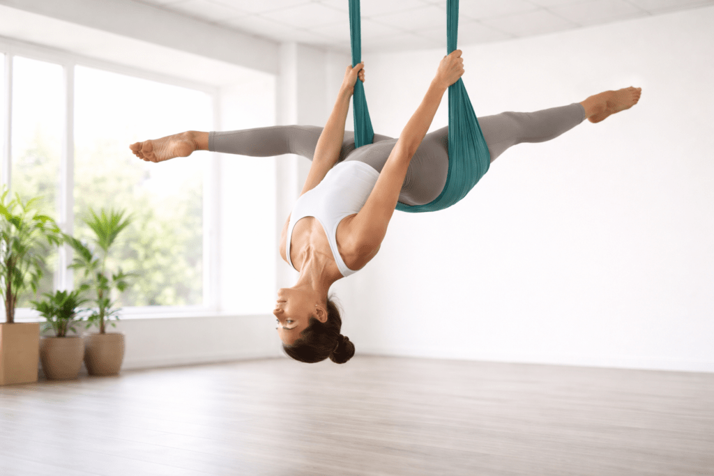 Mujer realizando una inversión controlada de pilates aéreo con hamaca en un estudio