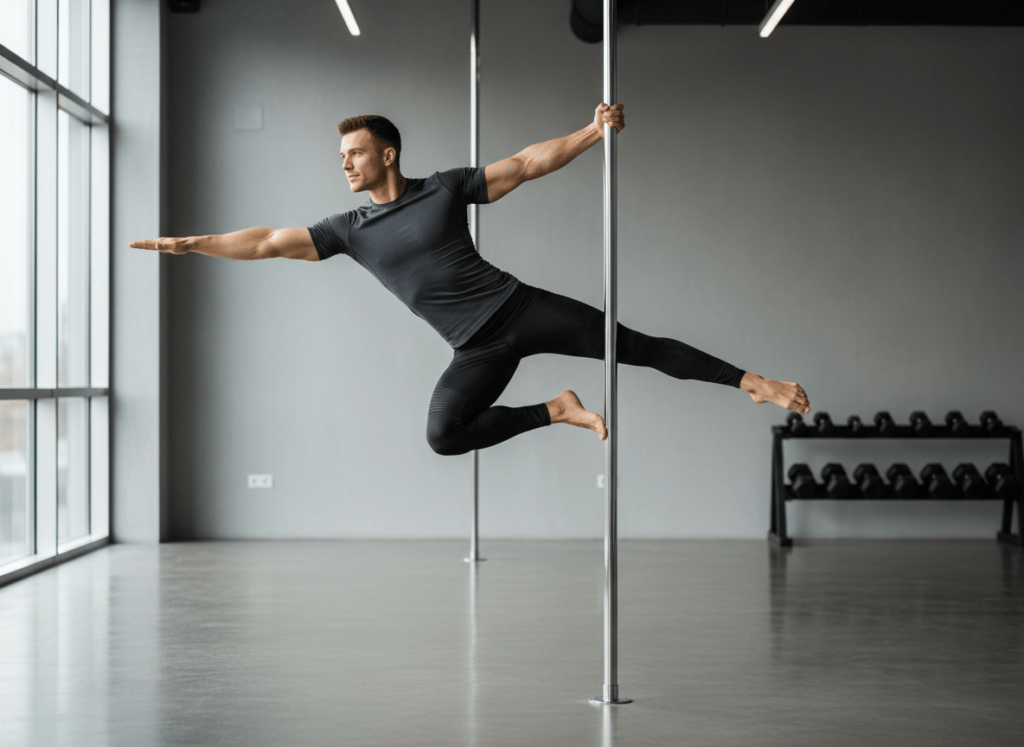 Hombre realizando ejercicio avanzado de pole dance artístico en estudio profesional